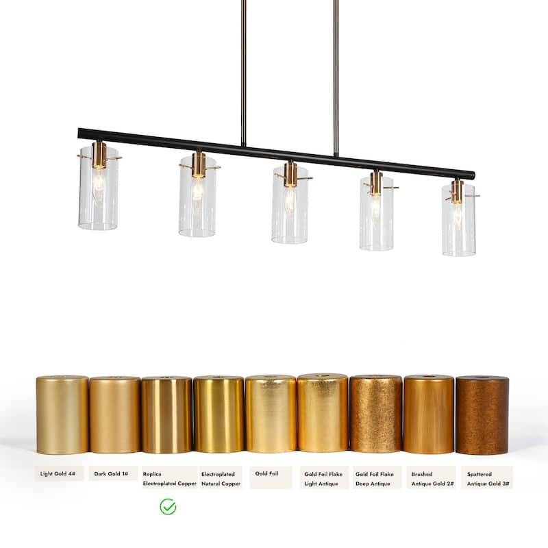 Modern Farmhouse 5-Light 36" L Black Gold Linear Chandelier Cylinder Glass Island Lights for Dining Room - 36" L x 3" W x 8" H