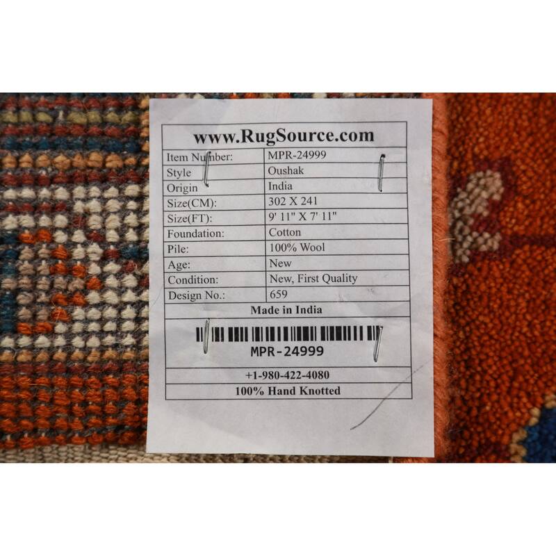 Orange Floral Oushak Indian Area Rug Hand-Knotted Wool Carpet - 7'11" x 9'11"