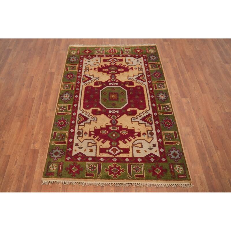 Hand Knotted Oriental 100% Wool Carpet Traditional Medallion Yellow & Gold Kazak Area Rug - 5' 9'' X 4' 0''