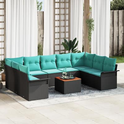 vidaXL 10 Garden Sofa Set with Cushions Black Poly Rattan - 113.8 x 73.8 x 27.2