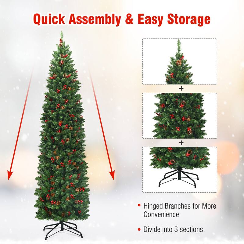 Gymax 7.5Ft Pre-Lit Pencil Christmas Tree Hinged Artificial Slim Tree - See Details