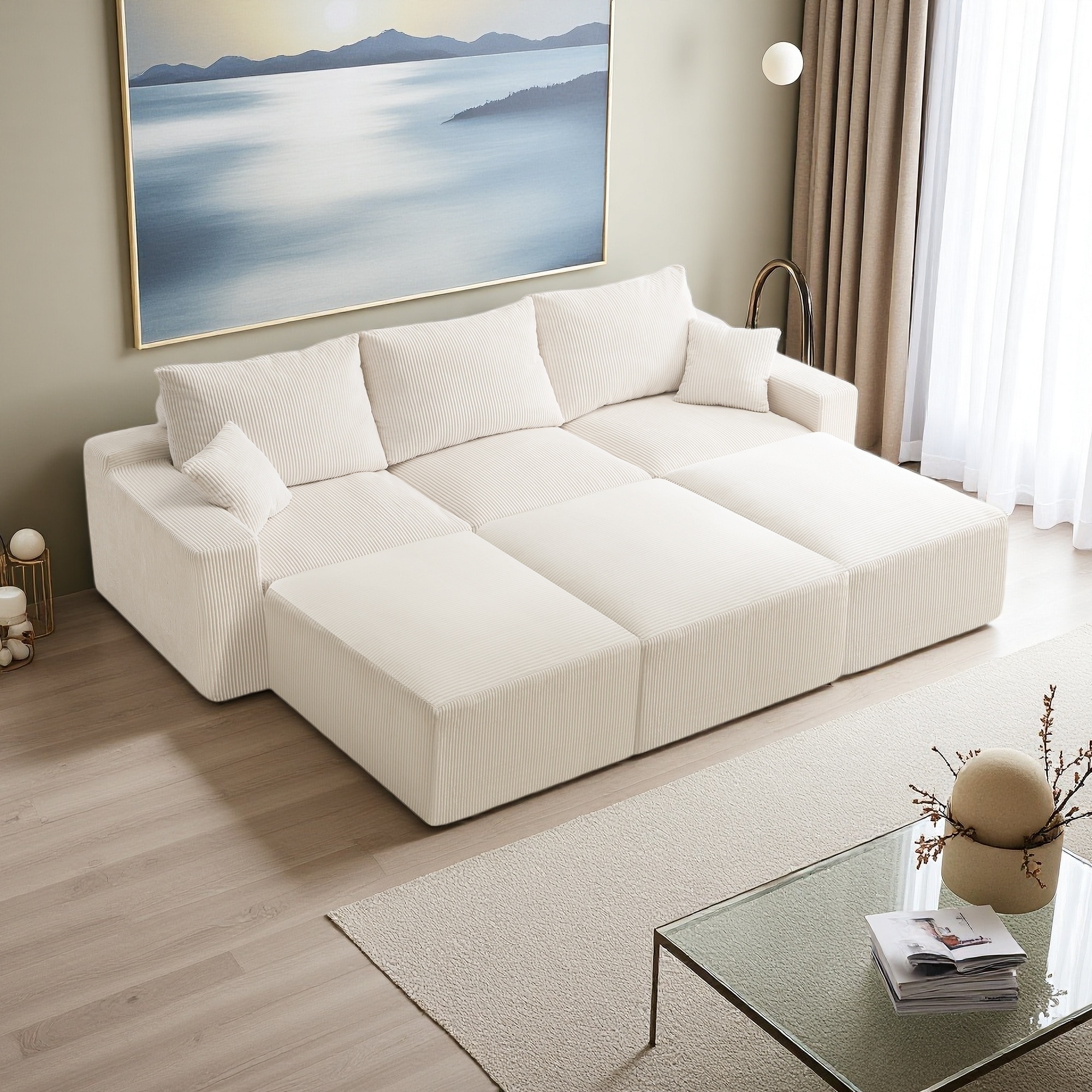 110" Corduroy L-Shaped Modular Sectional Sofa with 3 Ottomans, No Assembly