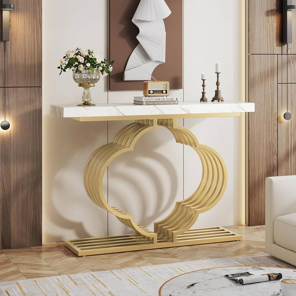 41'' Gold Console Table for Entryway, White Faux Marble Sofa Table