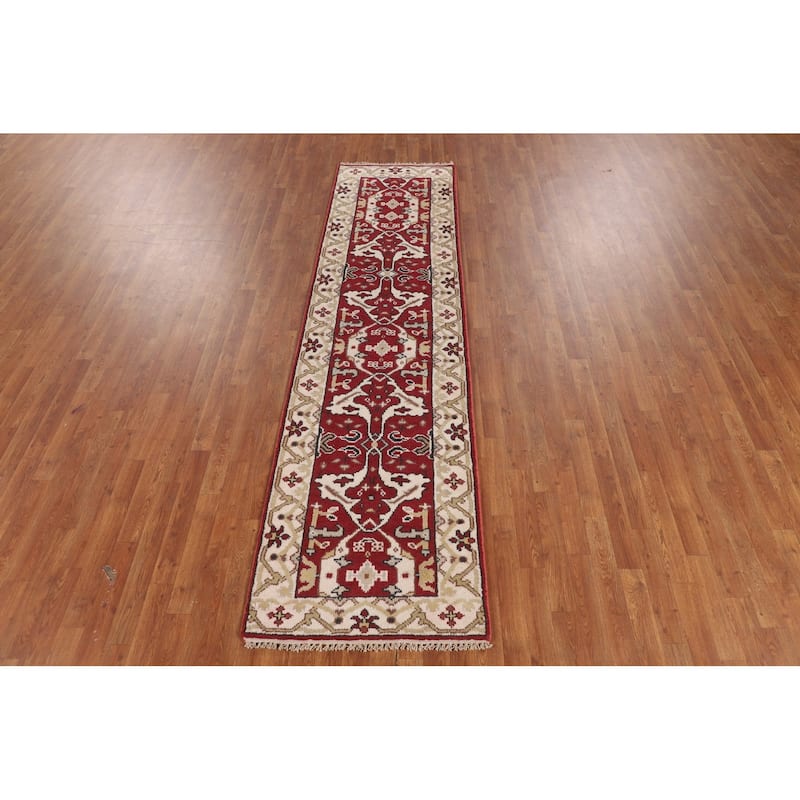 Red Oushak Indian Runner Rug Hand-Knotted Wool Carpet - 2'6"x 9'9"