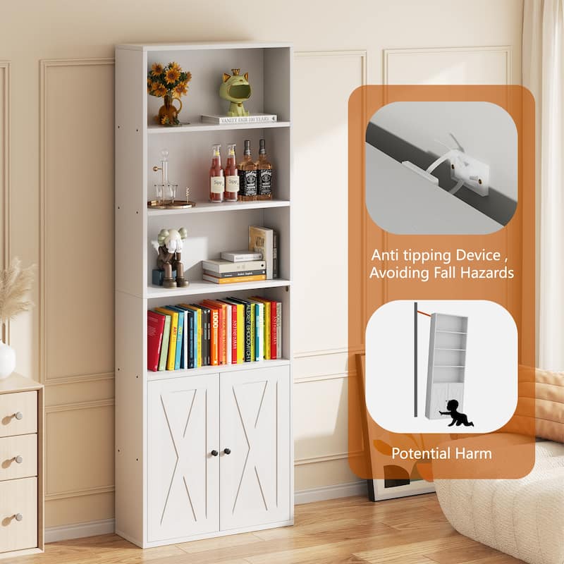 Farmhouse 6-Tier Open Bookcase and Bookshelf with Doors