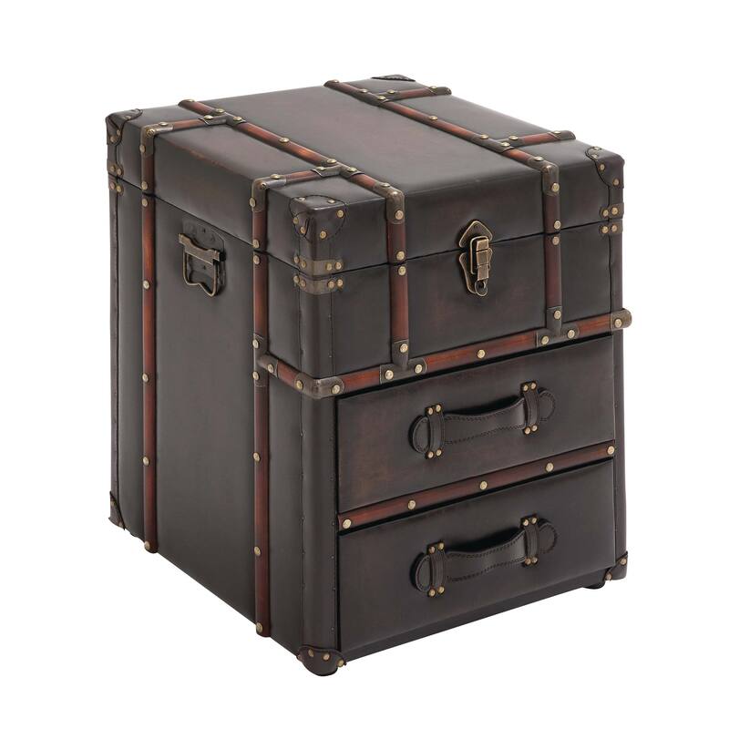 Dark Brown Faux Leather Vintage Faux Leather 2 Drawer Cabinet with Buckle Hinged Top