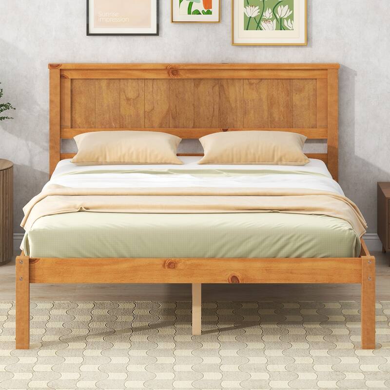 Brown Pine Wood Full Platform Bed Frame with Headboard: No Box Spring Needed, Wood Slat Support, Under-Bed Storage