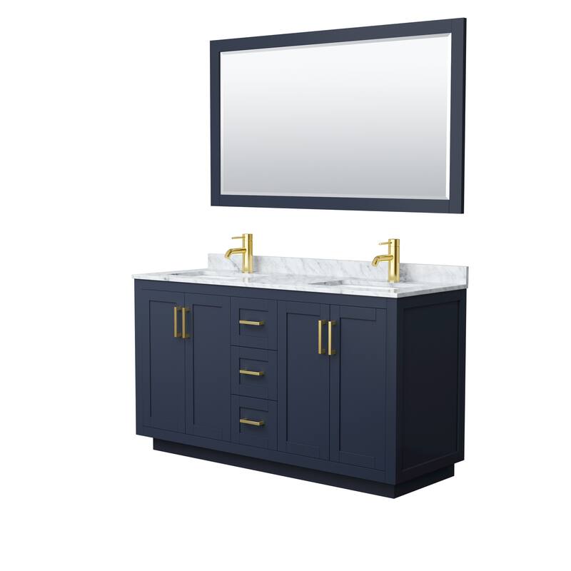 Miranda Bathroom Vanity Set, White Carrara Marble Top, 58-Inch Mirror - 60-Inch Double - Dark Blue, Gold Trim, White Carrara Marble Top