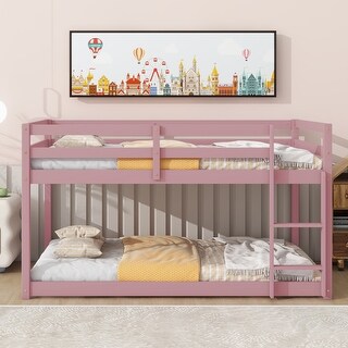 Twin over Twin Wood Floor Bunk Bed with Ladders and Safety Guardrails ...