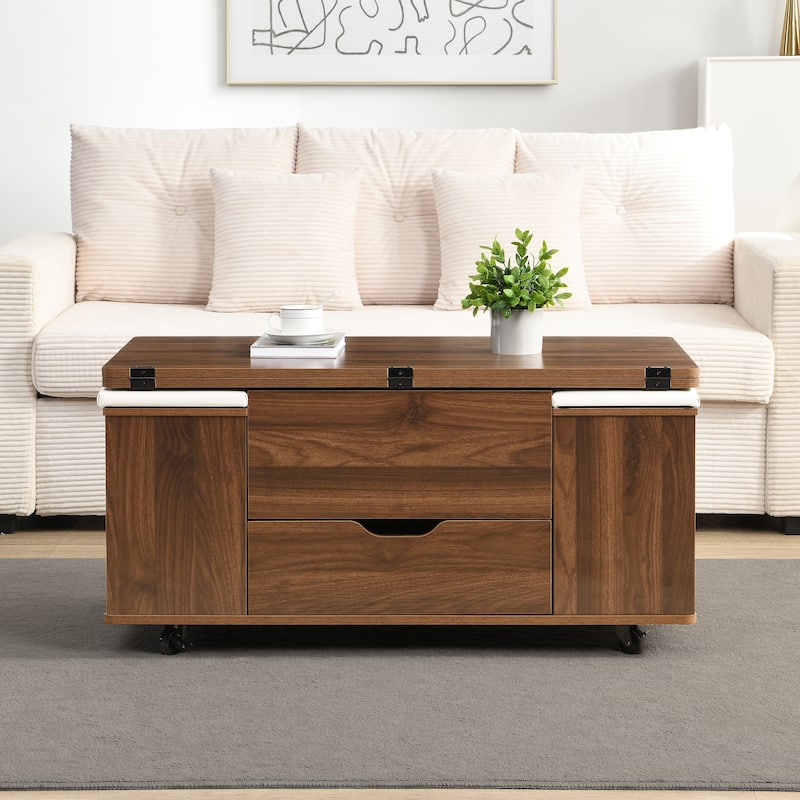 Lift-Top Coffee Table with Hidden Storage & 4 Stools - Multi-Functional Modern Center Table with Casters