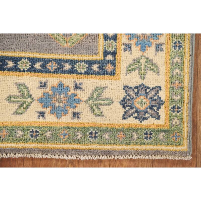Gray Geometric Kazak Oriental Accent Rug Handmade Wool Carpet - 2'9" x 3'10"