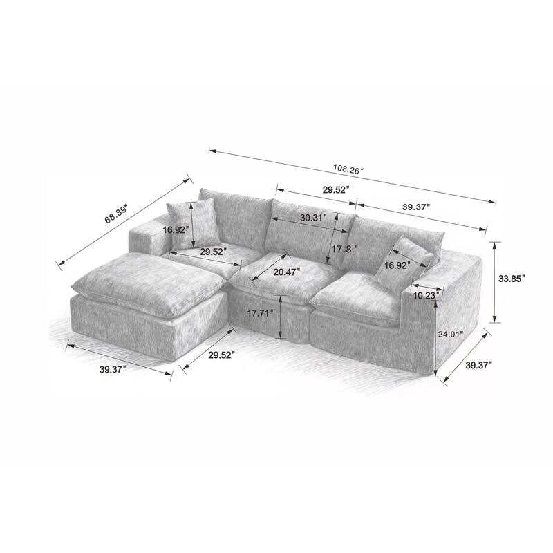 L Shaped Sectional Sofa with Ottoman, Oversized Chenille Upholstered Cloud Sofa, High-Density Sponge 4 Seater Sofa