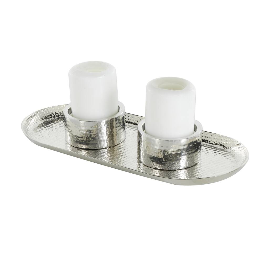 Stainless Steel Metal Hammered Decorative Candle Holder with Oval Tray Plate - Silver or Gold - Roche River Decor