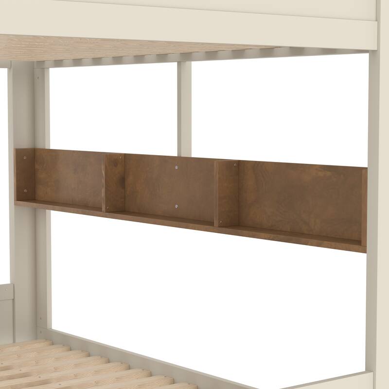 Roomfitters Full over Full Bunk Bed with Trundle and Storage Shelves, Solid Wood Frame with Hooks, Beige