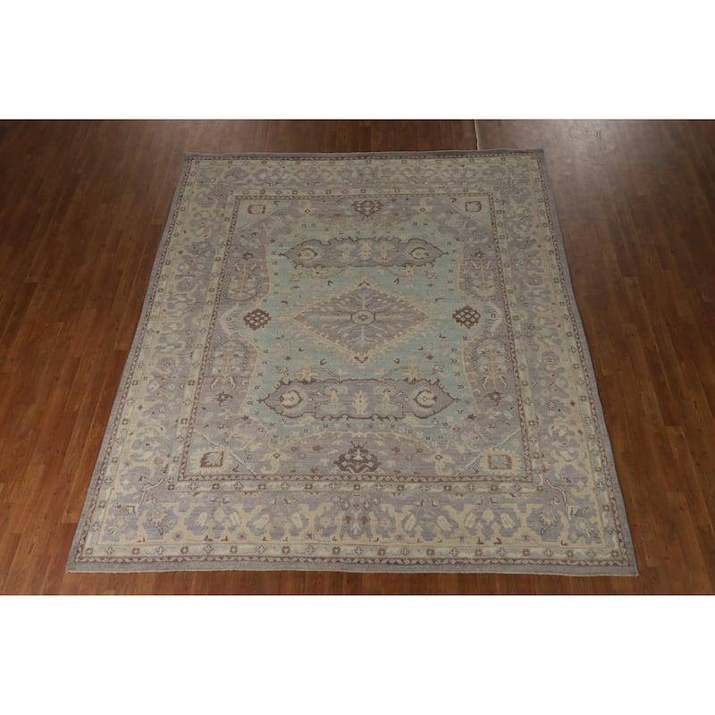 Hand Knotted Oriental 100% Wool Carpet Transitional Floral Navy Blue & Blues Oushak Area Rug - 9' 5'' X 8' 3''