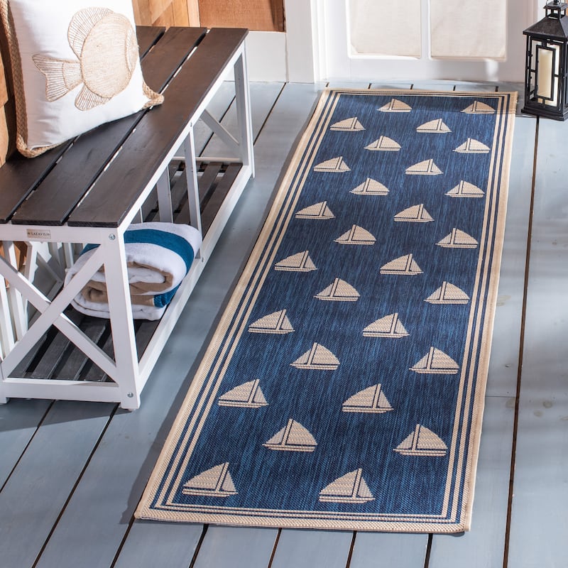 SAFAVIEH Courtyard Liljanka Indoor/ Outdoor Waterproof Patio Backyard Rug - 2'3" x 10' Runner - Navy/Beige