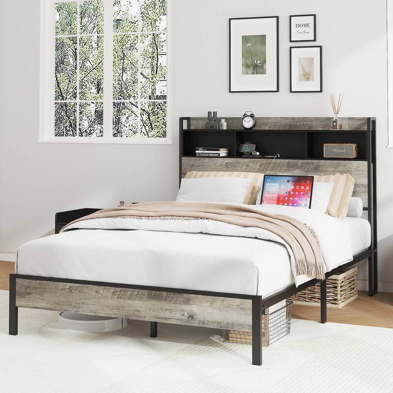 Wood Platform Bed with Storage and 2 USB,No Noise