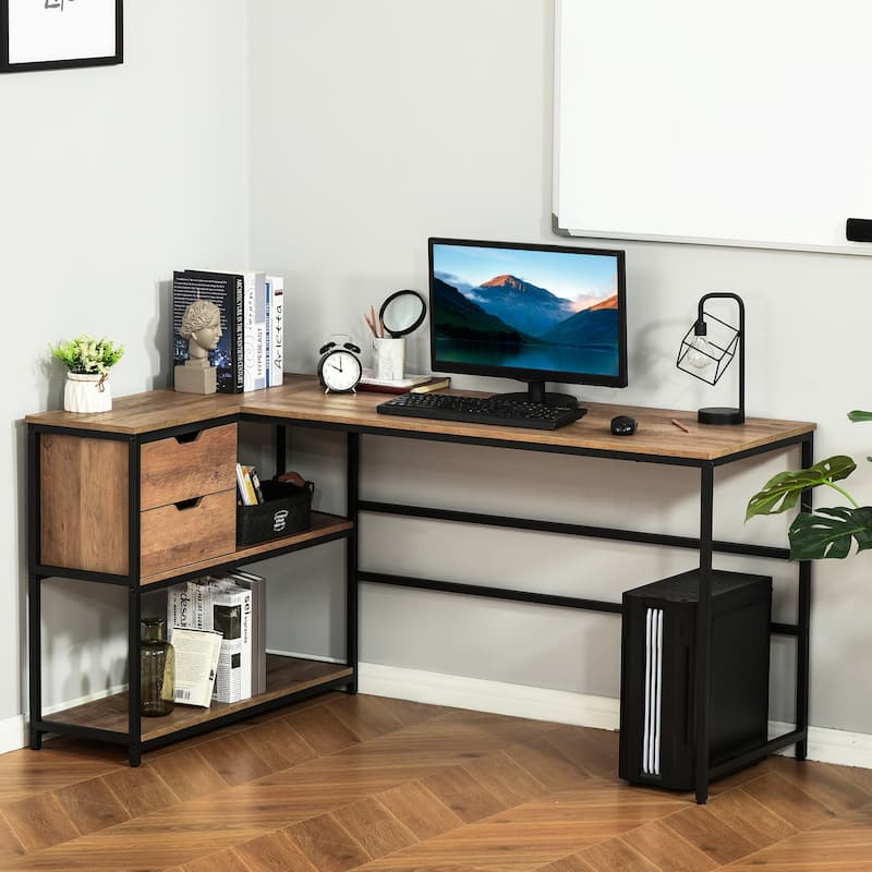 Industrial L-Shaped Computer Desk with Storage Shelves and 2 Dawers - Brown