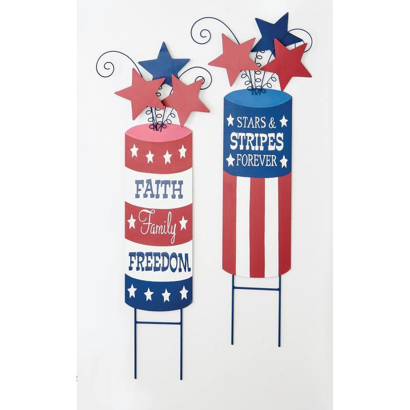 32" Metal July 4th Patriotic Firecracker Yard Stake with Stars, Set of 2 - Multi-Color - Medium - Metal