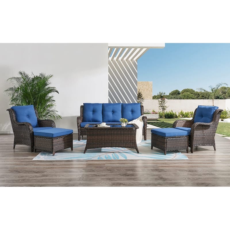 Pocassy 6 Piece Outdoor Wicker Conversation Sofa Set - Brown/blue