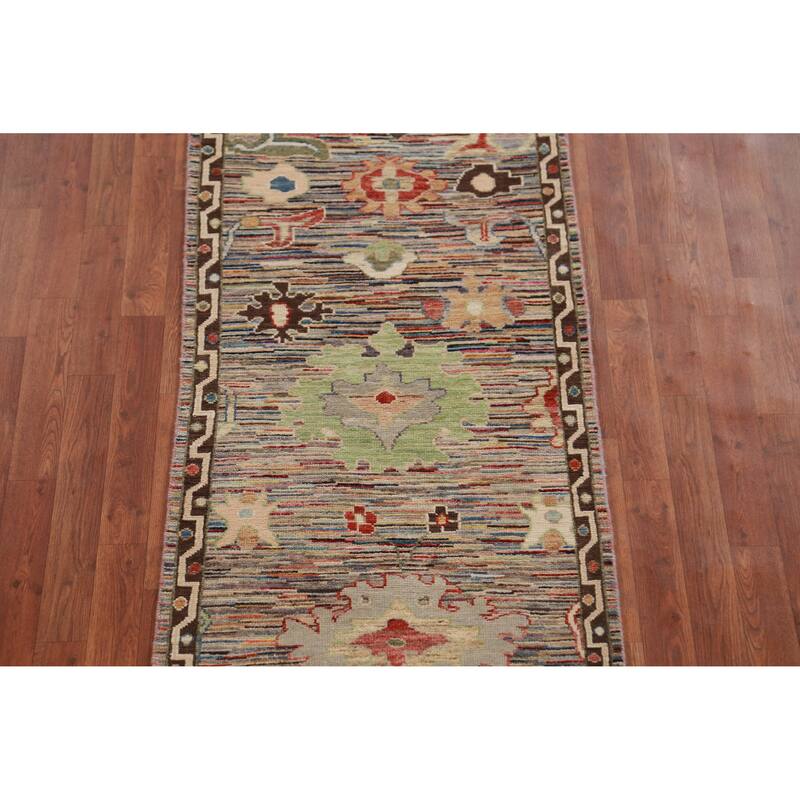 Handmade Vegetable Dye Oushak Turkish Runner Rug Floral Wool Carpet - 2'6" x 19'11"