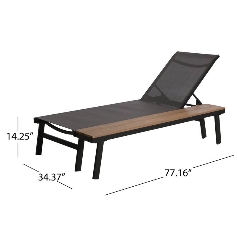 2 Piece Outdoor Chaise Lounges Set Mesh Seats with Adjustable Backrest and Attached Wood Side Table