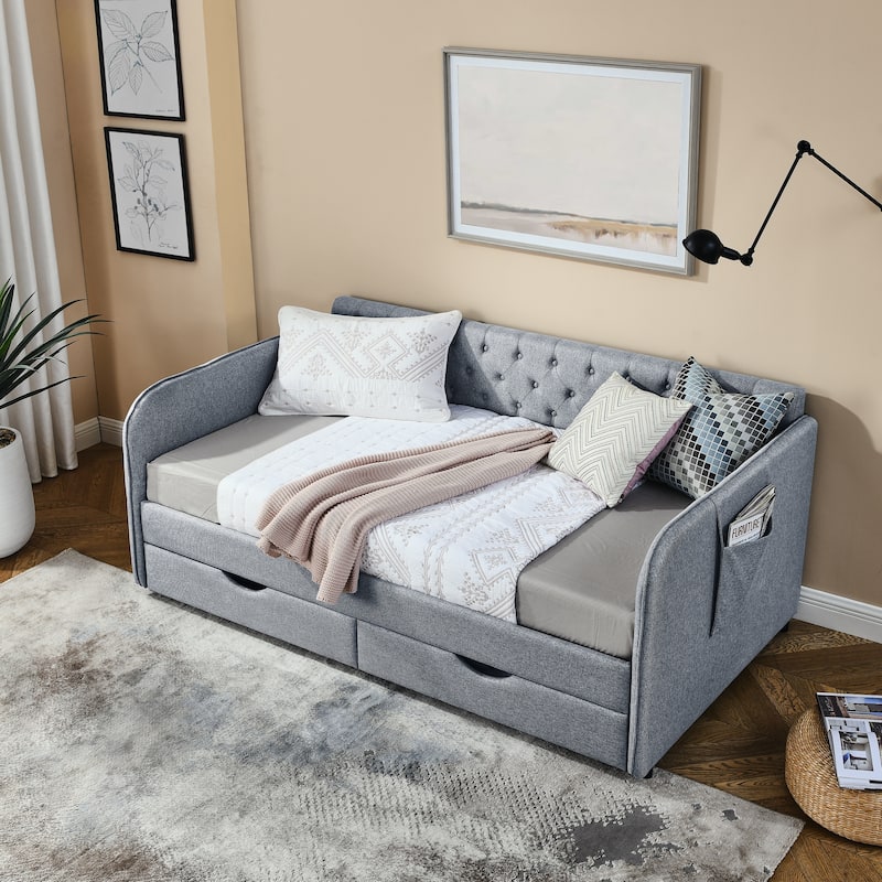 Grey Twin Size Upholstered Daybed with Trundle and Two Storage Drawers
