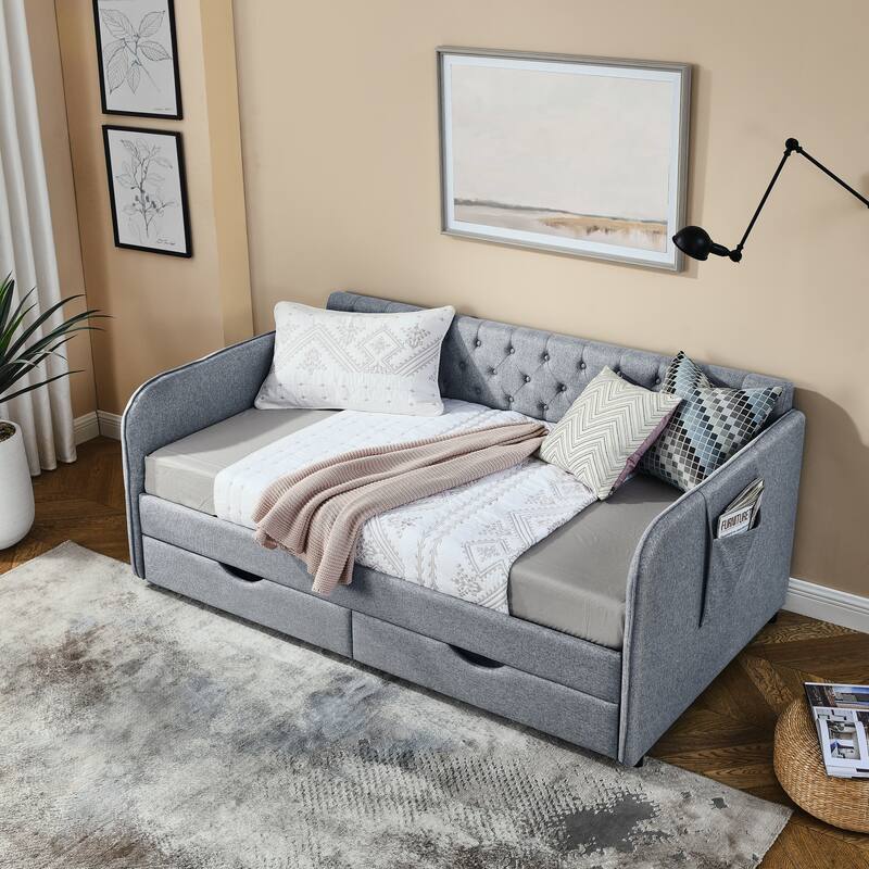 Twin Size Upholstery Daybed with Sofa Bed and Two Storage Drawers,Flat Arms with Pocket,Extendable Daybed for Living Room