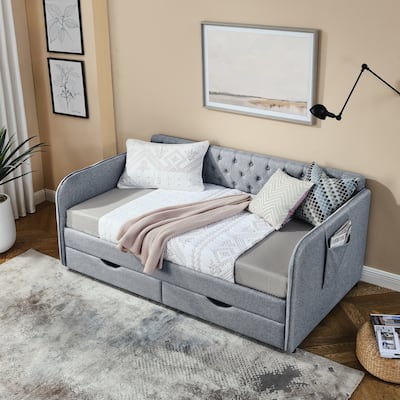Twin Size Upholstery Daybed with Trundle Bed and Two Storage Drawers