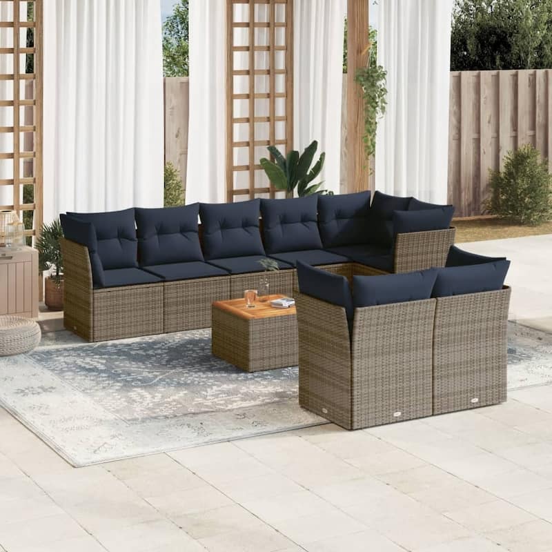 vidaXL Patio Sofa Set with Cushions Outdoor Furniture 9 Piece Poly Rattan - 24.4" x 24.4" x 27.2" - Gray - form1
