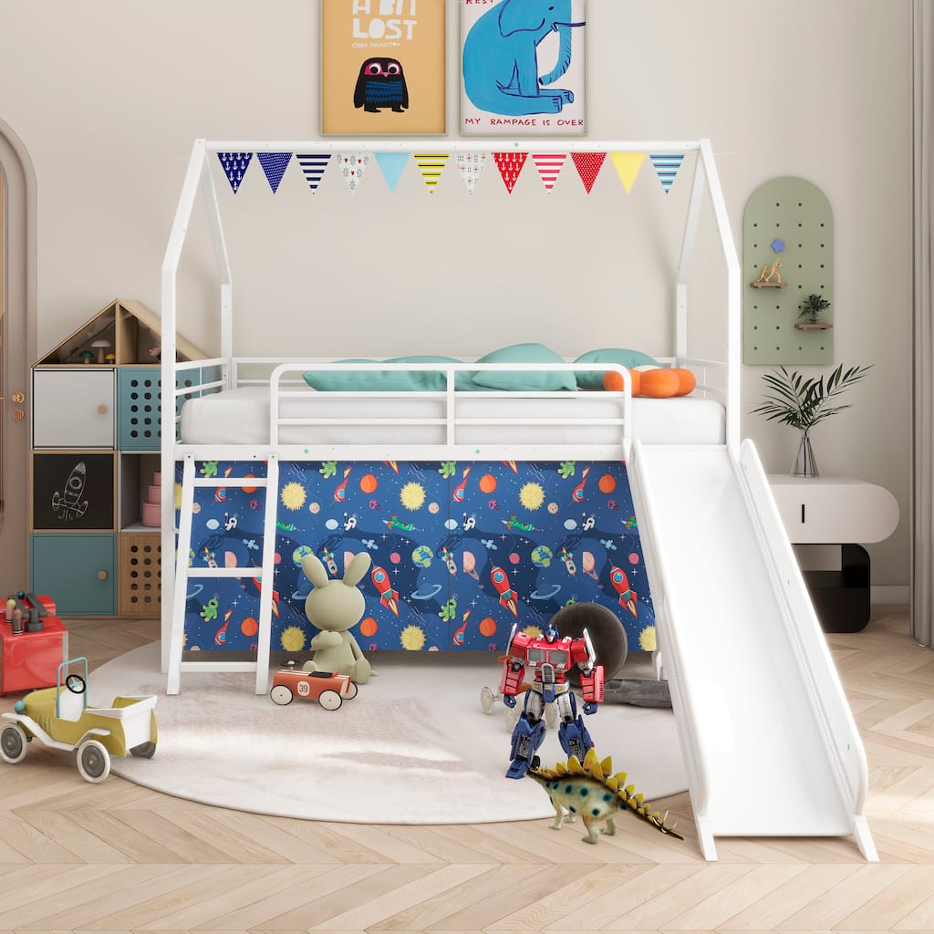 Kids' Twin Loft Bed with Slide, Curtain Set, Pennant Banner, and Star Stickers