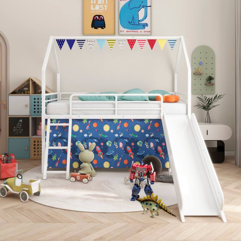 Metal Junior House Twin Loft Bed with Slide and Curtain Set - White+Blue