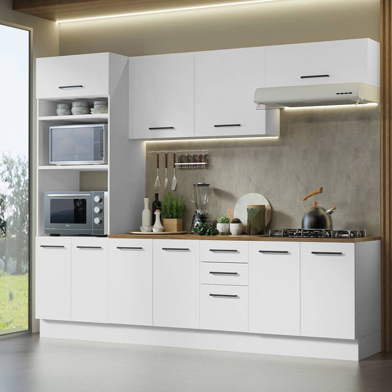 Madesa Full Set Hazel Kitchen Storage Cabinet 107 In with Multiple Compartments Floor Mount Removable Plinth - White/Brown