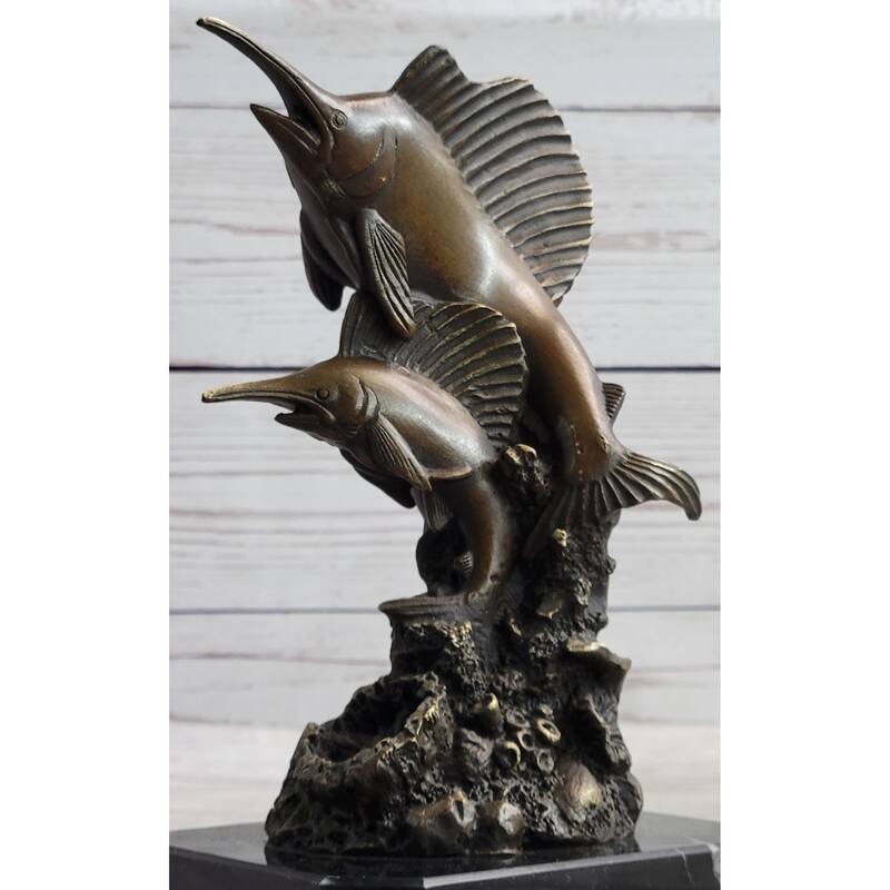 Marlins Sailfish Swordfish Jumping Out Of Ocean Bronze Sculpture Statue Decor On Marble Base