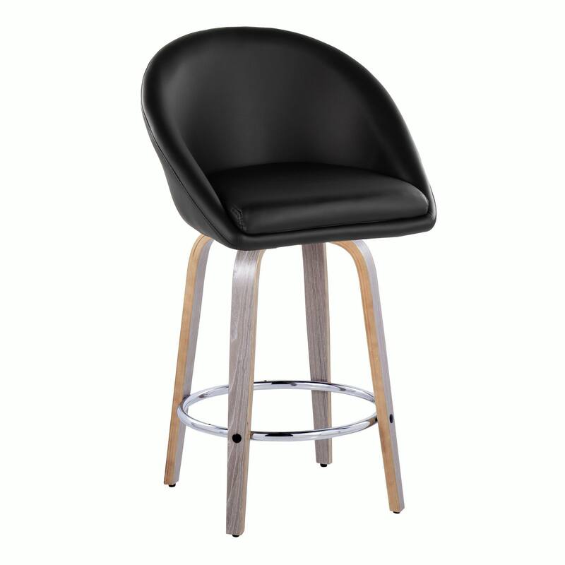 Carson Carrington Livesey High Back 26" Fixed-Height Counter Stool with Bent Wood Legs & Round Footrest (Set of 2) - Black Faux Leather/Light Grey Wood/Chrome