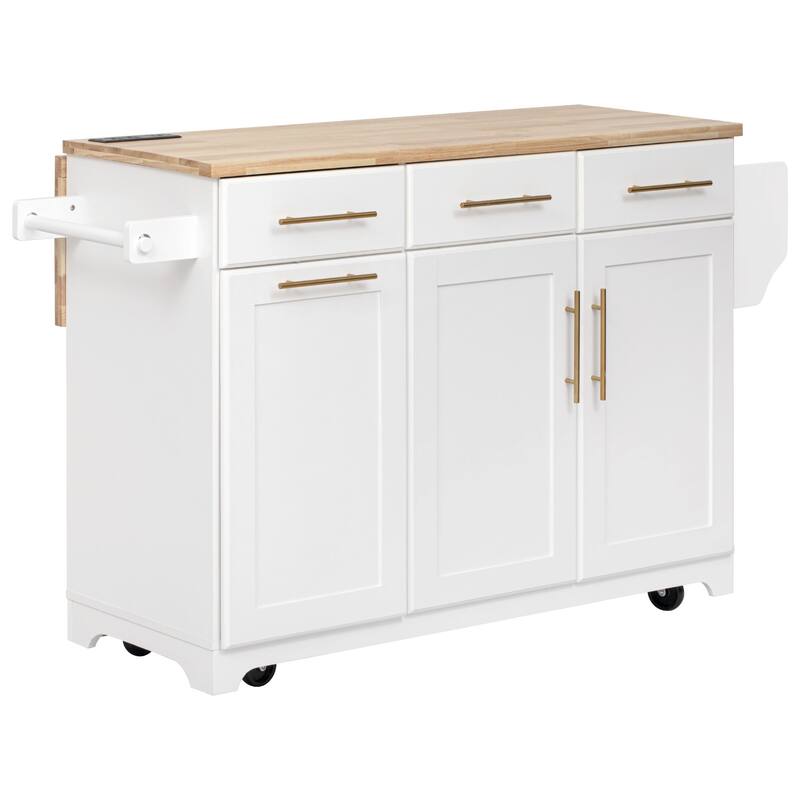 59.3" Rolling Kitchen Island with Storage 2 Pull Out Cabinet Organizers & Rubber Wood Drop Leaf,Trash Can Storage,Power Outlet