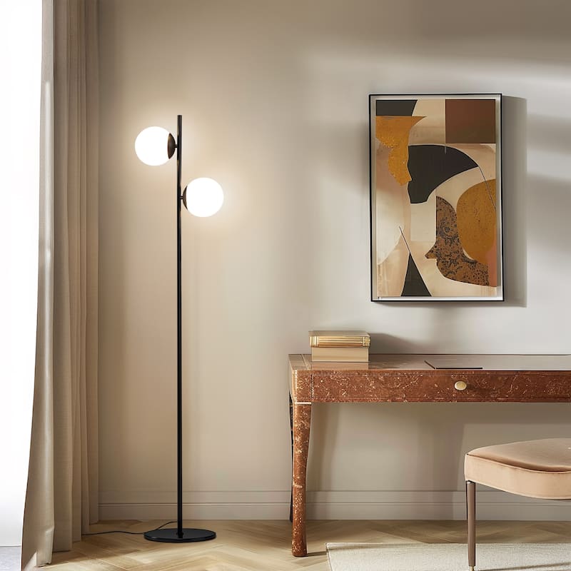 Brightech Sphere 65 in. Classic Black Modern 2-Light LED Super Bright Floor Lamp with 2 Frosted White Glass Globe Shades