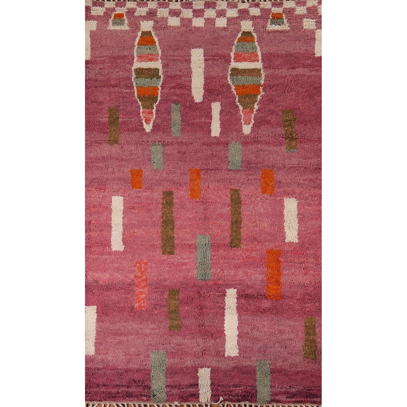 Plush Moroccan Style Area Rug Hand-Knotted Oriental Pink Wool Carpet - 5'8" x 10'1"