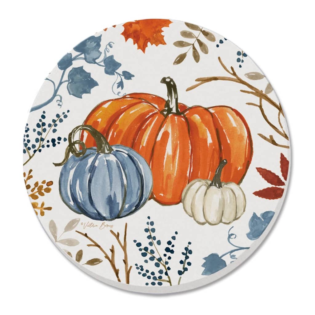 Autumn Pumpkins 4 Pack Absorbent Stone Tumbled Tile Coasters with Cork Backing 4" Round Made in The USA Absorbent Wipes Clean
