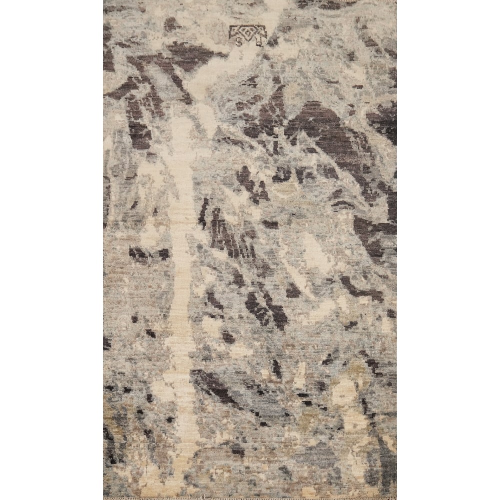 Hand Knotted Oriental 100% Wool Carpet Modern Abstract Greys & Charcoal Modern Area Rug - 4' 7'' X 2' 10''