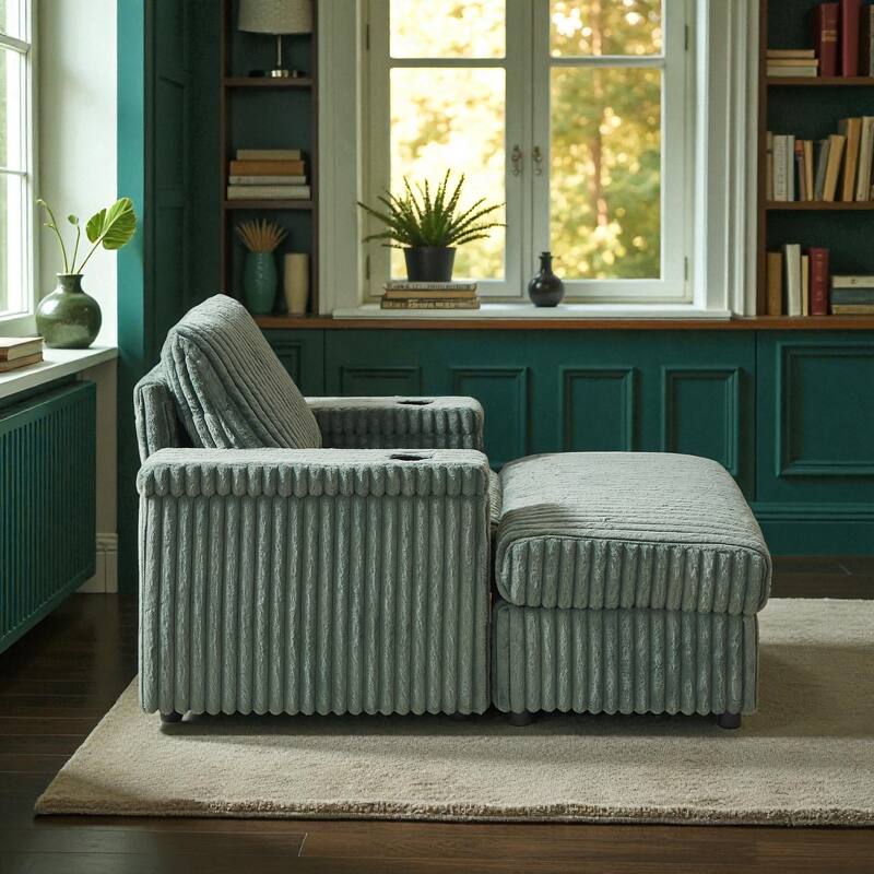 42.5" Corduroy Single Recliner Chair with Cup Holder, Storage Footrest, Armrest Storage and Backrest Pillow