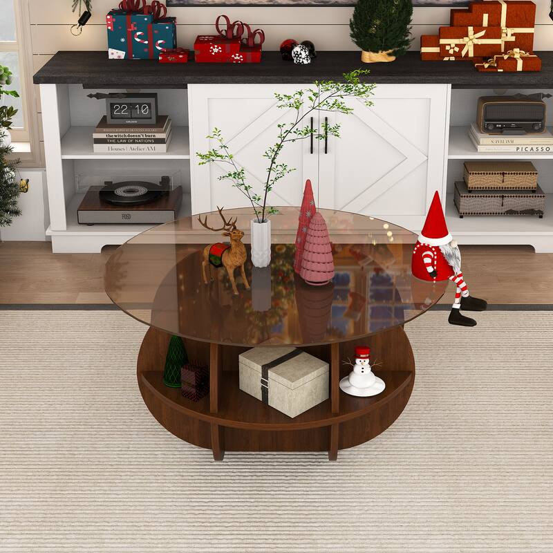 Round Coffee Table with Storage, 31.5 Inch Modern Farmhouse Center Table with Tempered Glass Top and Wooden MDF Frame