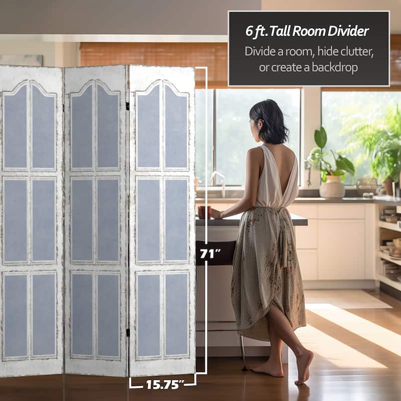 6 ft. Tall Double Sided Blue and White Shutters Canvas Room Divider