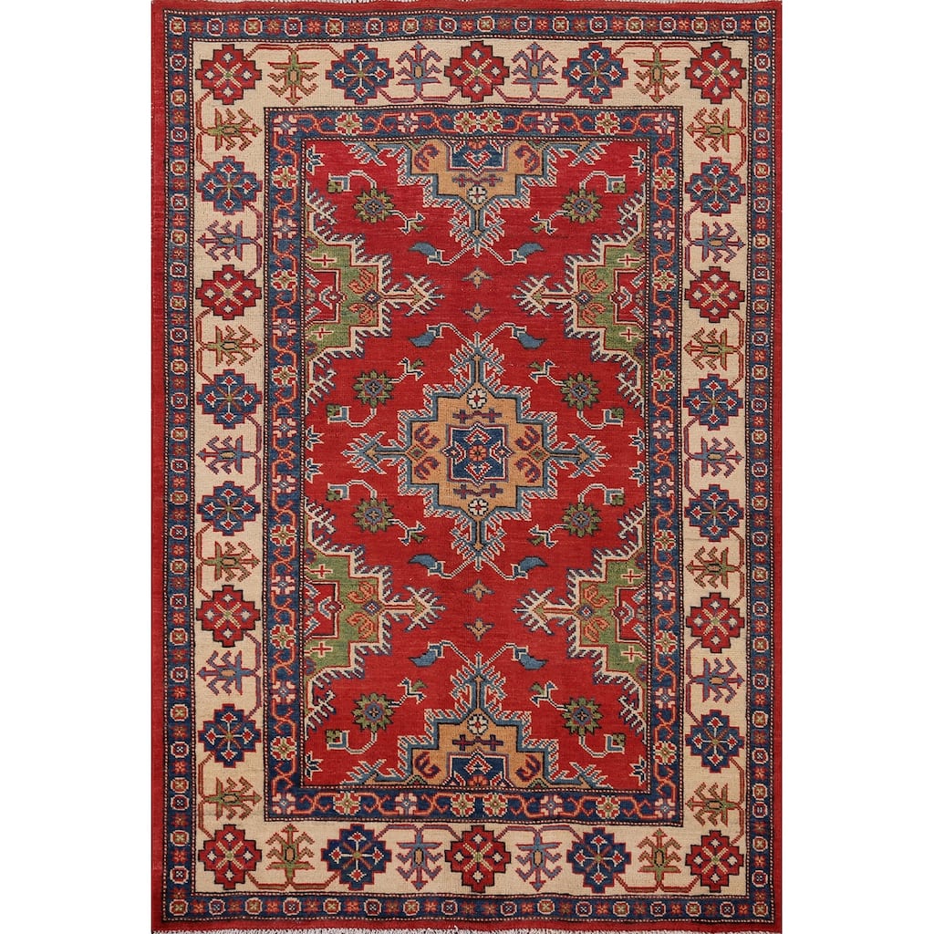 Oriental Kazak Area Rug Handmade Wool Carpet - 4'0" x 5'10"