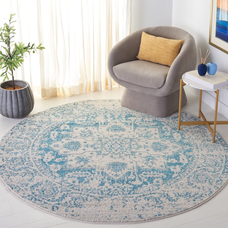 SAFAVIEH Madison Delois Medallion Rustic Farmhouse Distressed Rug - 6'7" Round - Teal/Ivory