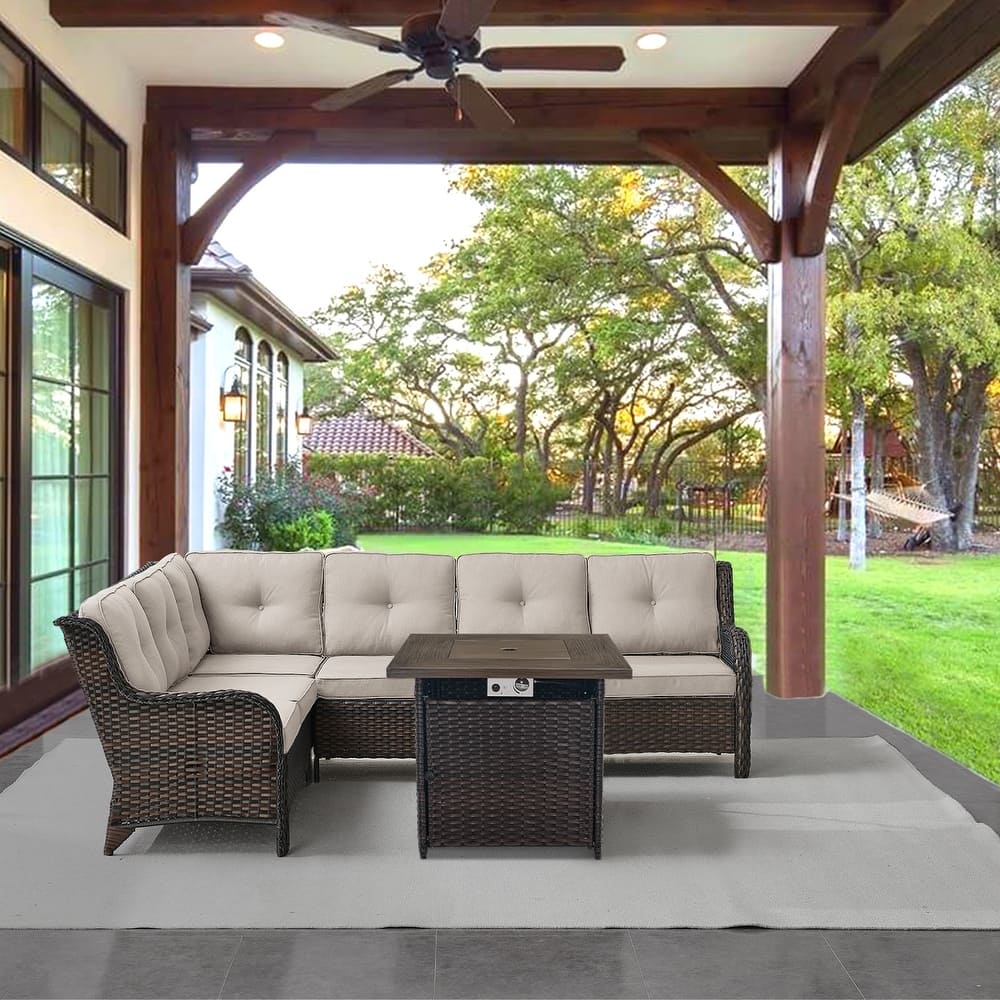 Gymojoy 2-Piece Outdoor Wicker Patio Furniture with Fire Pit and L-shaped Sectional Sofa, Coversation Set with Thick Cushions