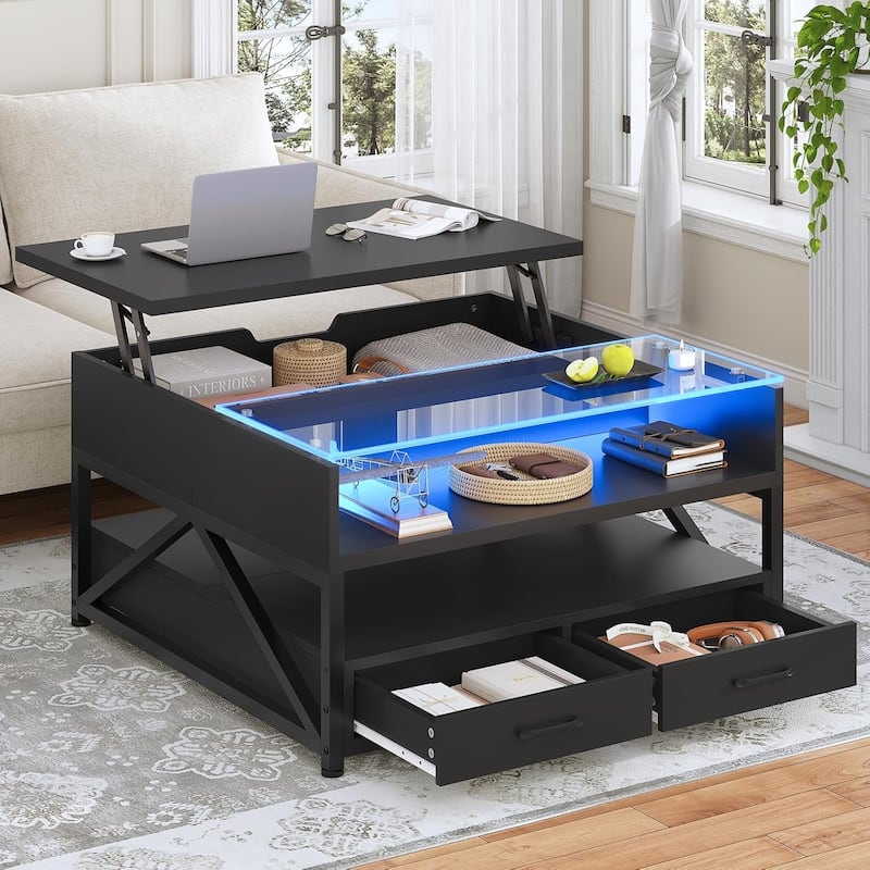 Coffee Table Lift Top 2 Drawers Hidden Compartment for Living Room
