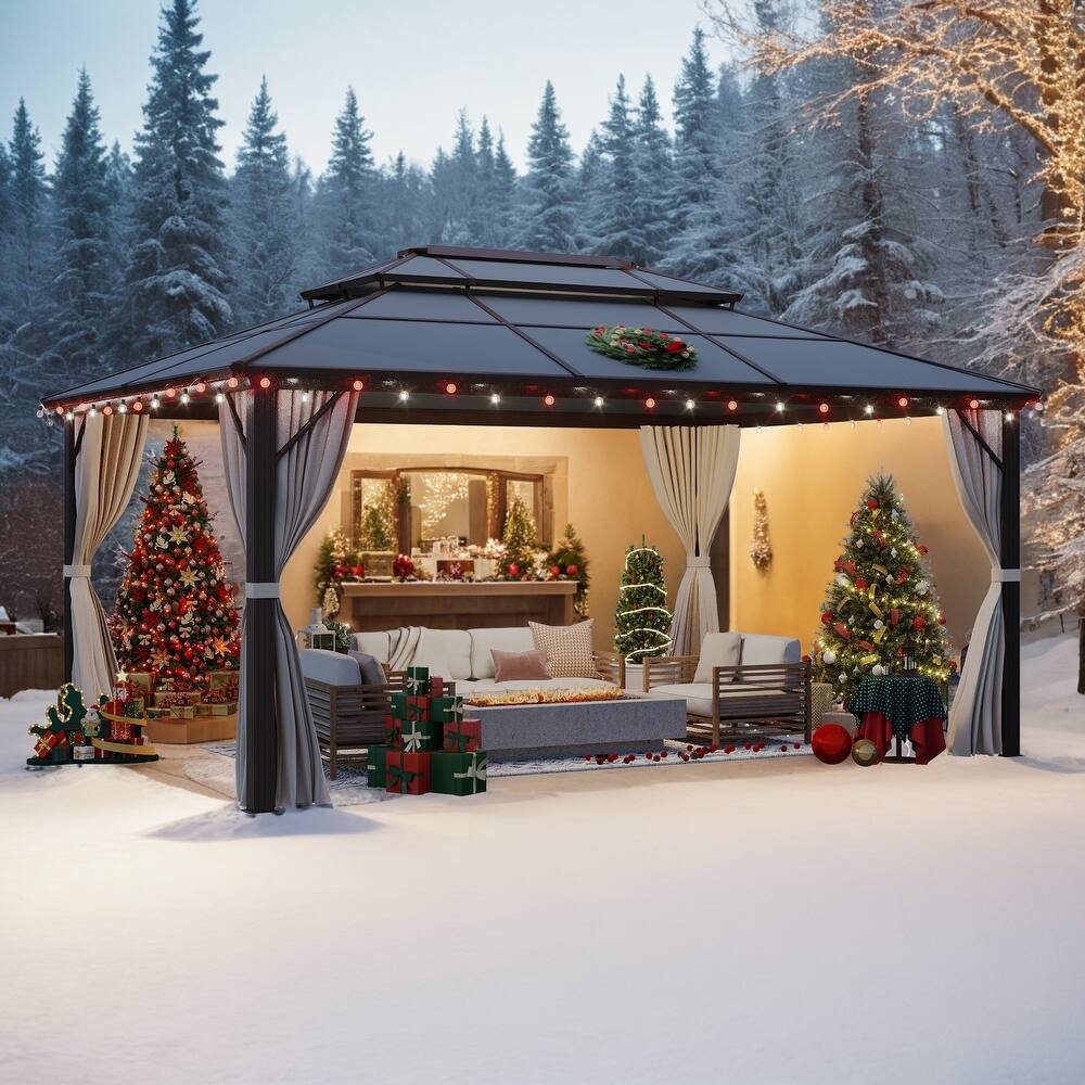 EROMMY 12x16 Outdoor Hardtop Patio Pergola with Double Roof, Aluminum Frame,Included Premium Curtains and Nettings