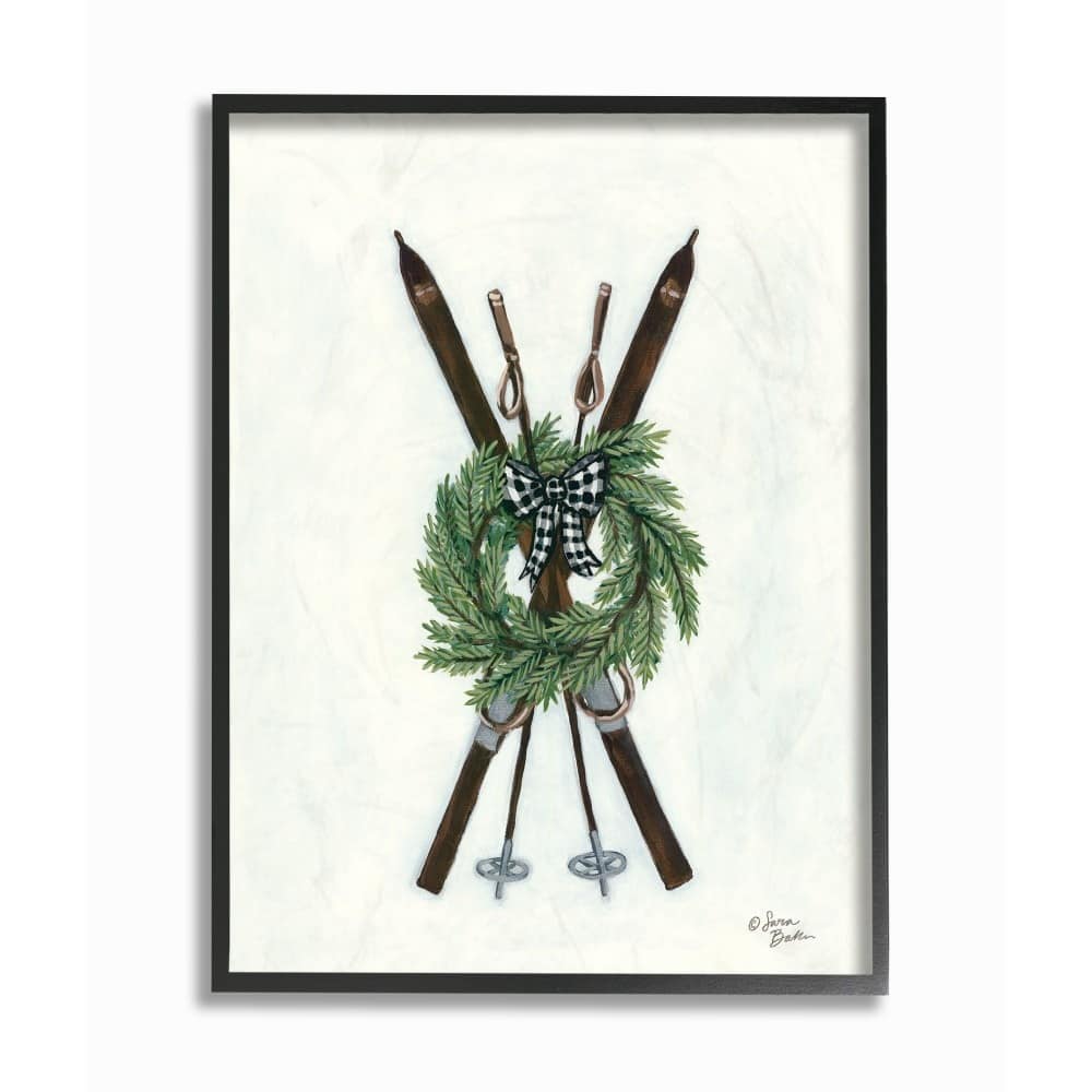 Stupell Minimal Rustic Skis Illustration with Gingham Wreath, 11 x 14, Design By Artist Sara Baker - Multi-Color