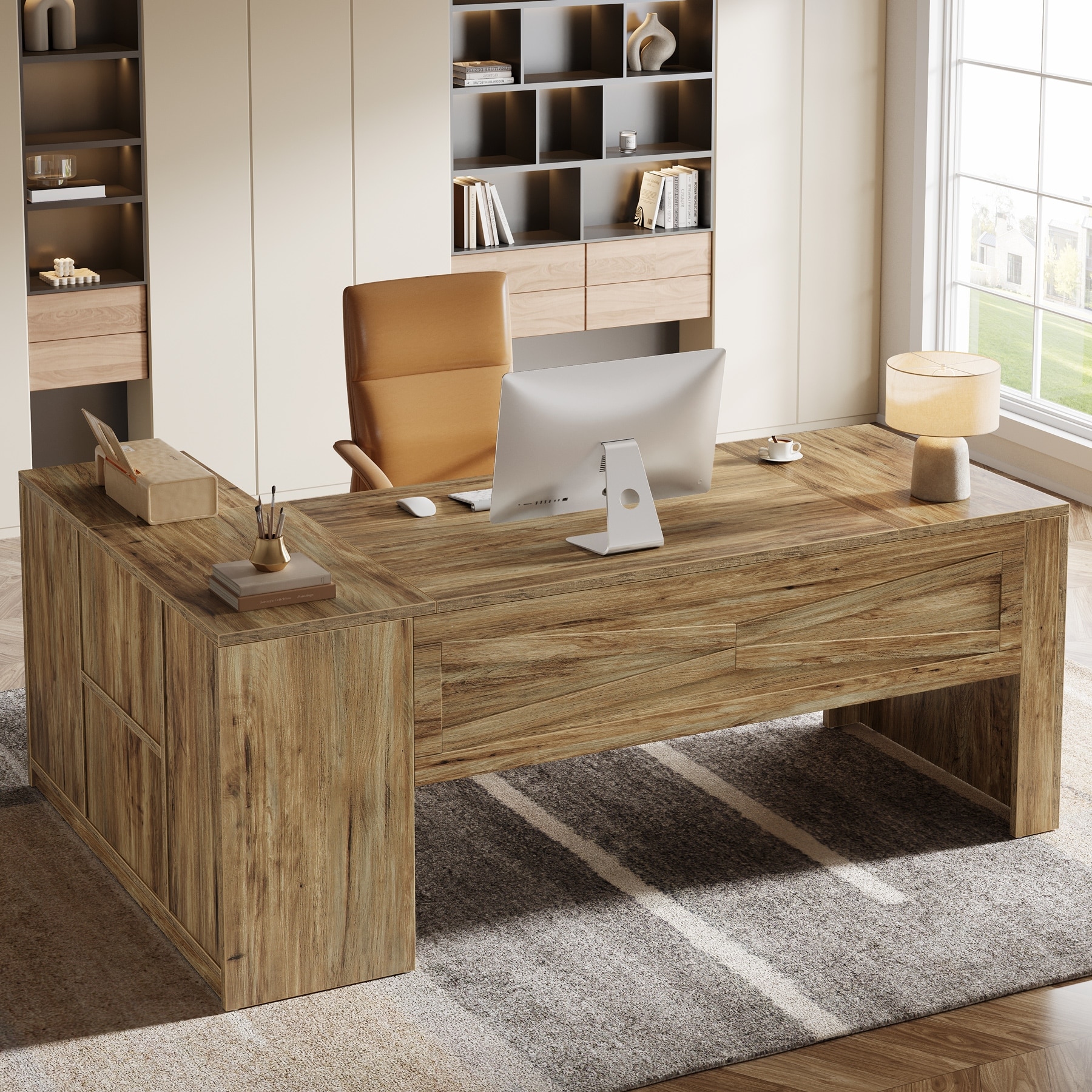 71-Inch L-Shaped Executive Desk with Storage Cabinet and Open Shelves for Home Office